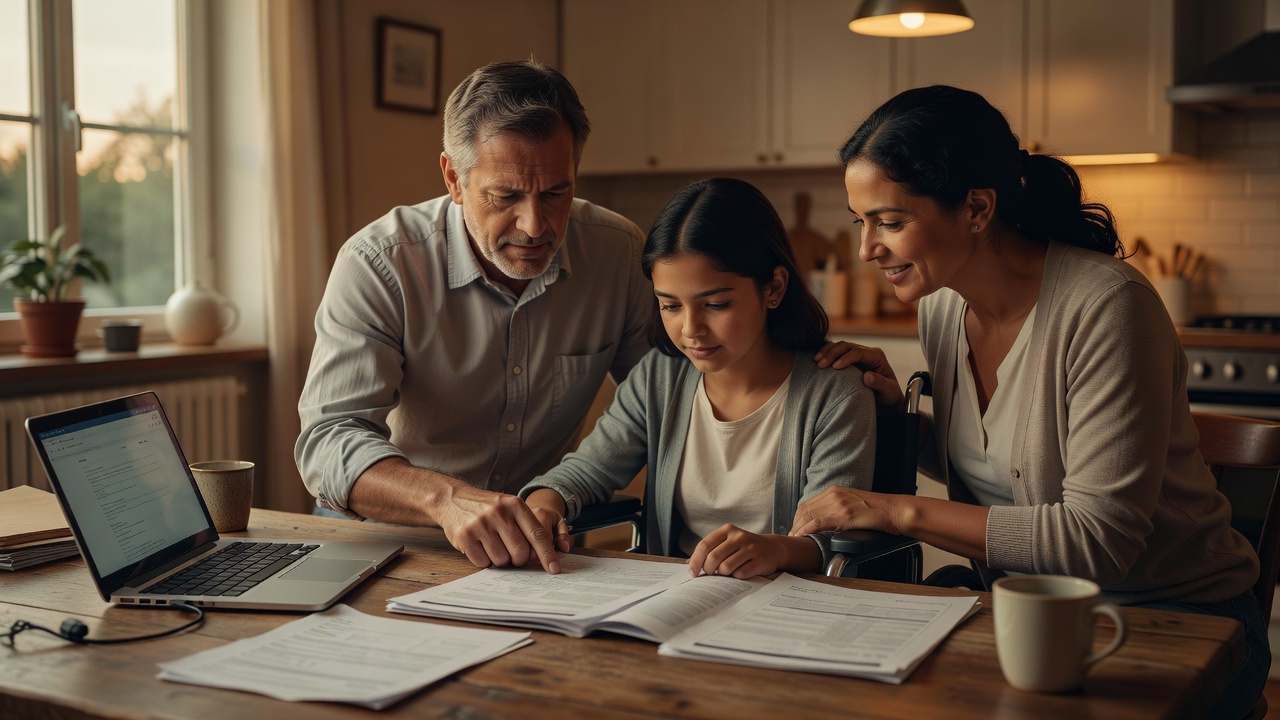 Family reviewing waiver paperwork together at their kitchen table