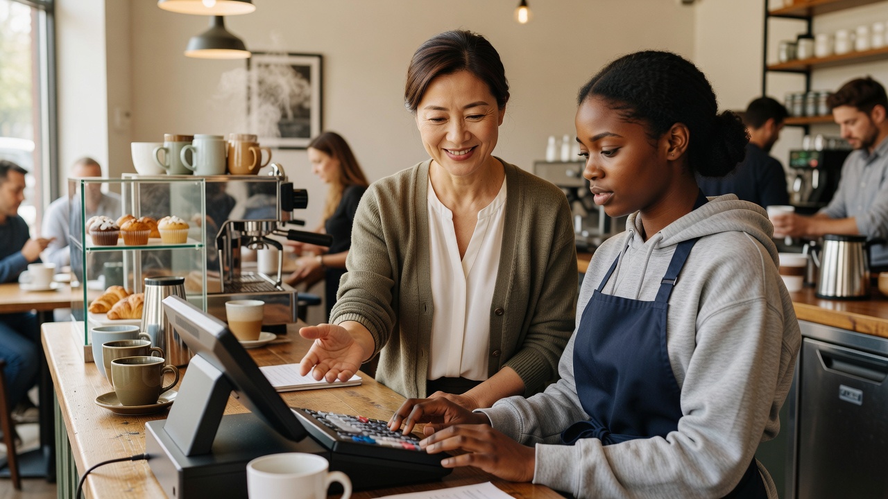 Job coach supporting an employee with a developmental disability at work