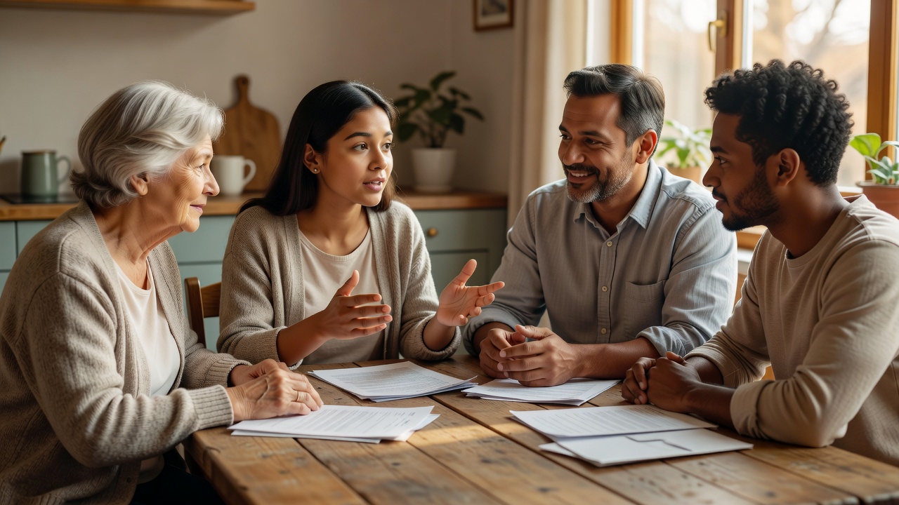 Family discussing decision-making options around a kitchen table