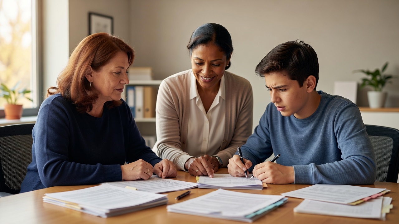 Case manager helping a family complete Medicaid exemption paperwork