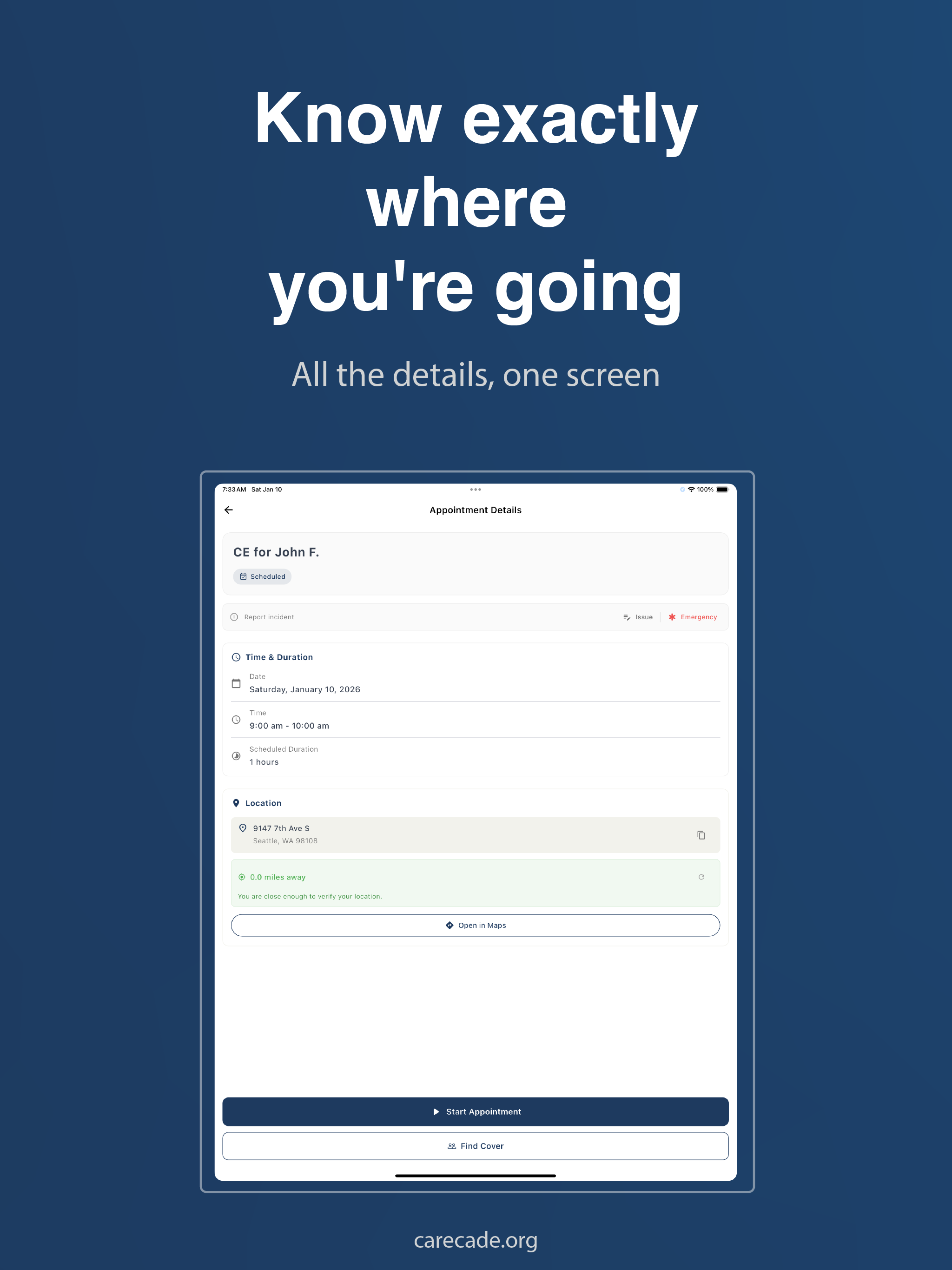 Appointment details screen showing GPS verification