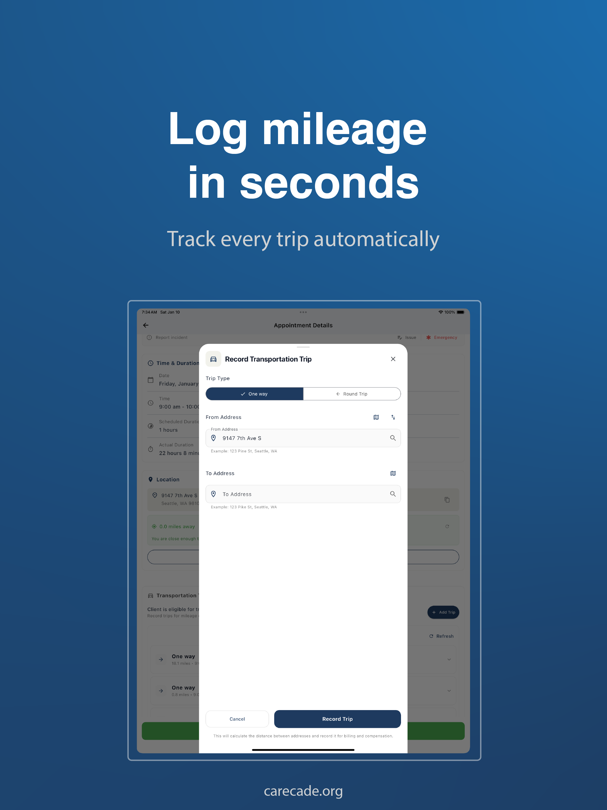 Mileage recording screen