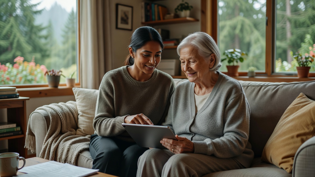 Care coordinator reviewing a WA Cares plan with a client at home
